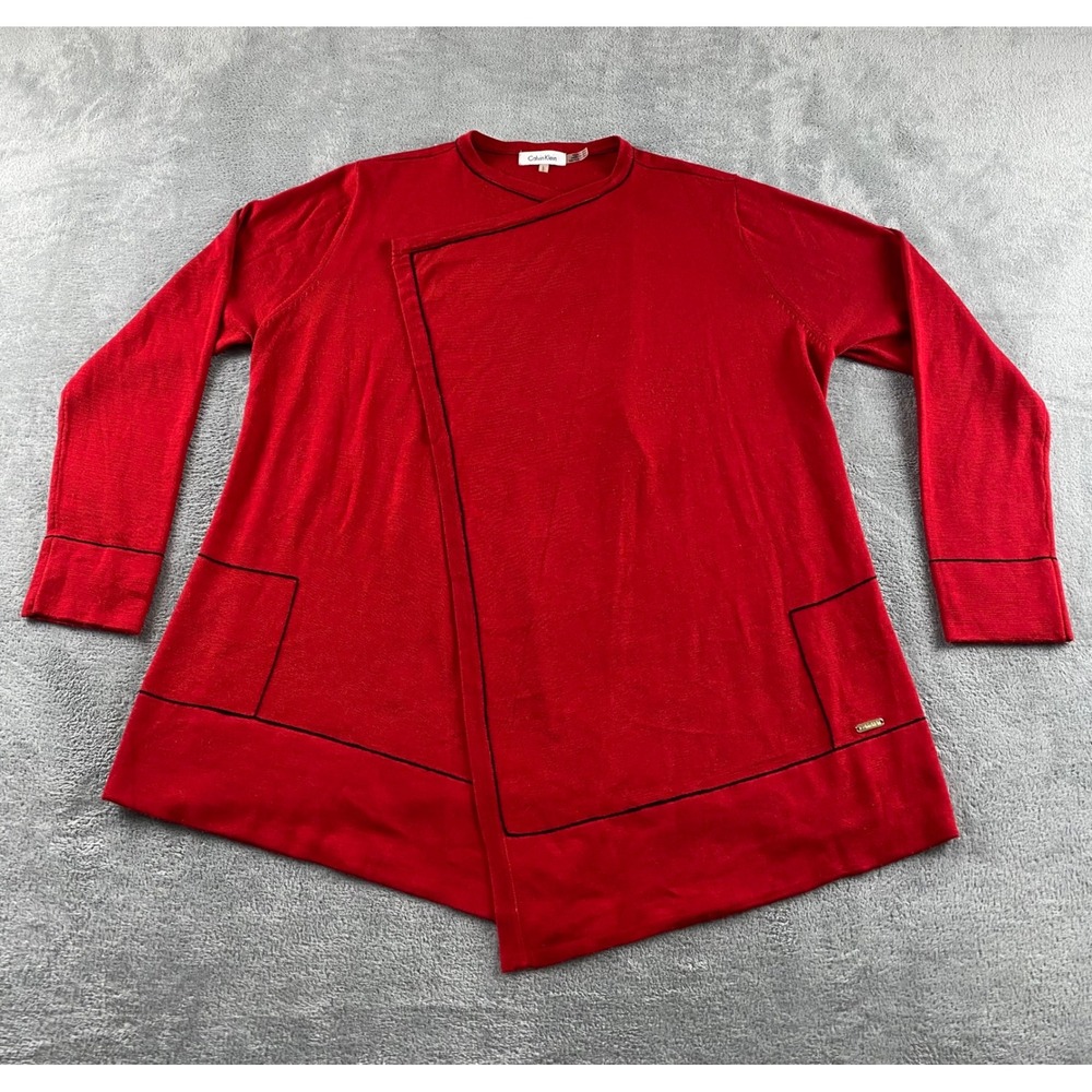 Calvin Klein Womens Red Asymmetrical Wrap Front Knit Sweater Long Sleeve Large